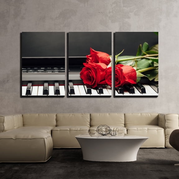wall26 - 3 Piece Canvas Wall Art - Piano Keys and Red Rose with Copy-Space - Modern Home Art Stretched and Framed Ready to Hang - 24"x36"x3 Panels