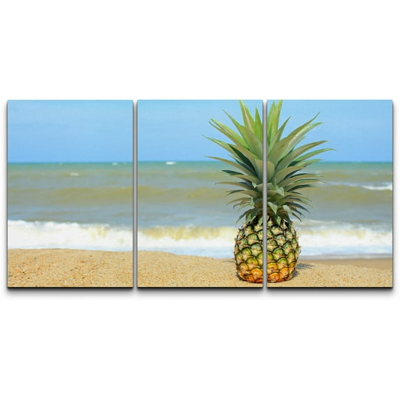 wall26 - 3 Piece Canvas Wall Art - Pineapple on The Beach with Blue Sky - Modern Home Art Stretched and Framed Ready to Hang - 24"x36"x3 Panels