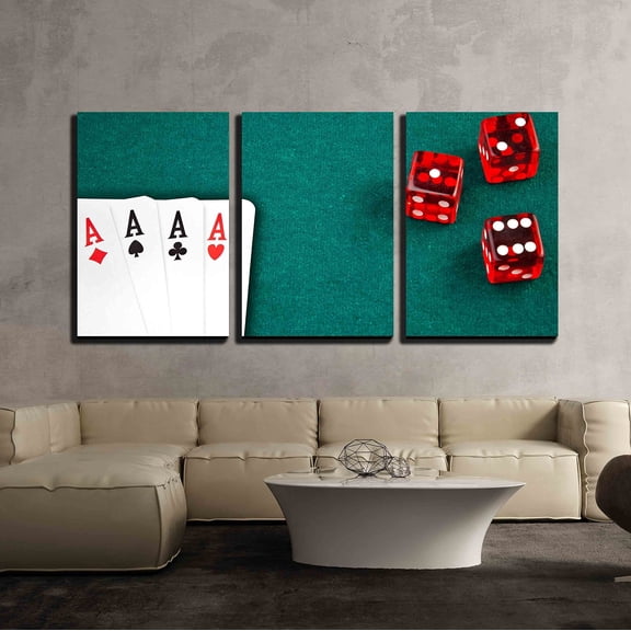 wall26 - 3 Piece Canvas Wall Art - Poker Card and Dice in Corner in of a Green Fabric Background - Modern Home Art Stretched and Framed Ready to Hang - 24"x36"x3 Panels