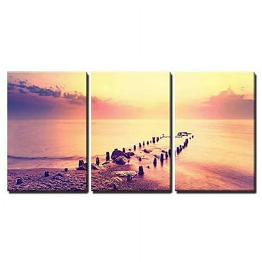 wall26 - 3 Piece Canvas Wall Art - After Purple Sunset, Peaceful Sea Landscape. - Modern Home Art Stretched and Framed Ready to Hang - 16&quot;x24&quot;x3 Panels