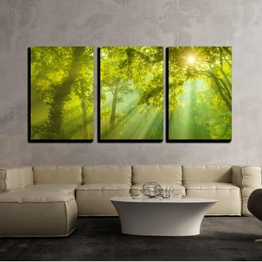 wall26 - 3 Piece Canvas Wall Art - Rays of Sunlight and Green Forest - Modern Home Art Stretched and Framed Ready to Hang - 24&quot;x36&quot;x3 Panels