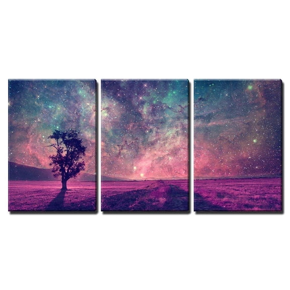 wall26 - 3 Piece Canvas Wall Art - Red Alien Landscape with Alone Tree Silhouette in Purple Field - Modern Home Art Stretched and Framed Ready to Hang - 24"x36"x3 Panels