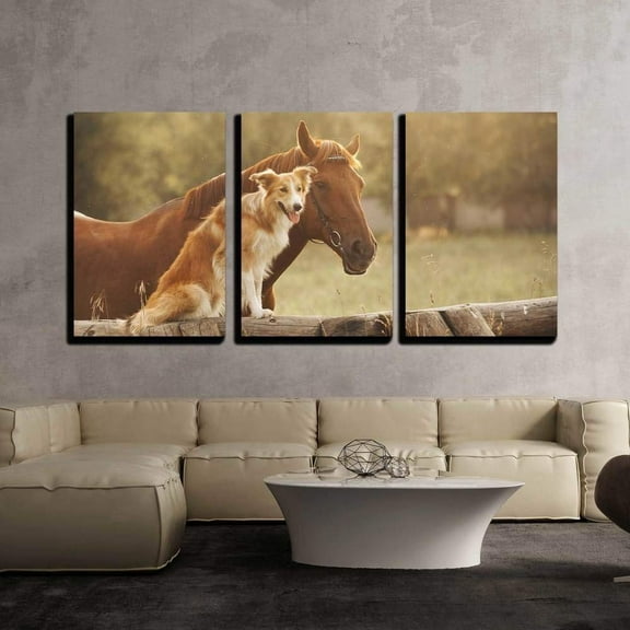 wall26 - 3 Piece Canvas Wall Art - Red Border Collie Dog and Horse Together at Sunset in Summer - Modern Home Art Stretched and Framed Ready to Hang - 16"x24"x3 Panels