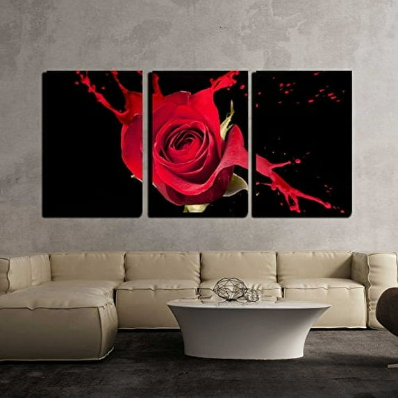 wall26 - 3 Piece Canvas Wall Art - Red Rose with Red Splashes on Black Background - Modern Home Art Stretched and Framed Ready to Hang - 16"x24"x3 Panels