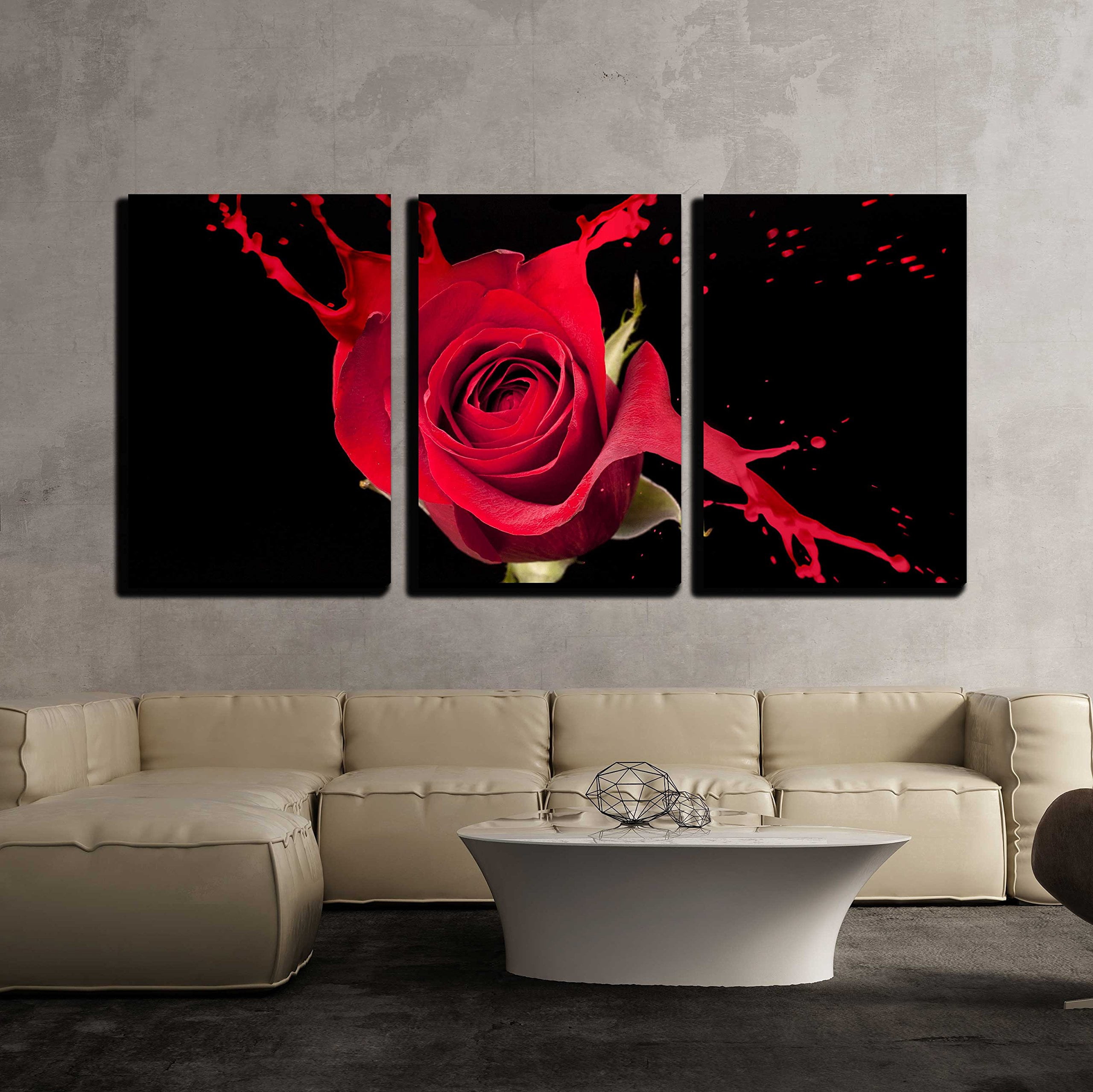wall26 - 3 Piece Canvas Wall Art - Red Rose with Red Splashes on Black ...