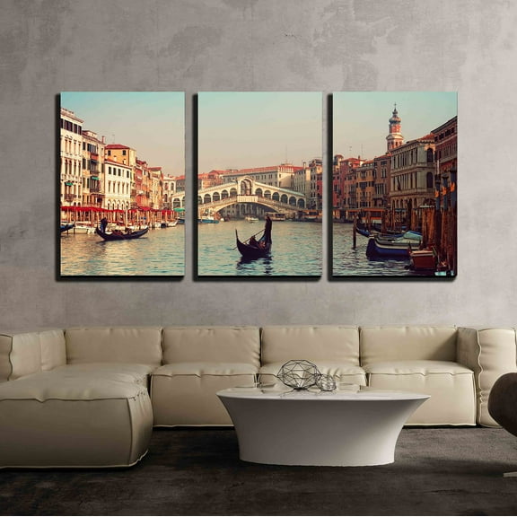 wall26 - 3 Piece Canvas Wall Art - Rialto Bridge and Gondolas in Venice - Modern Home Art Stretched and Framed Ready to Hang - 16"x24"x3 Panels