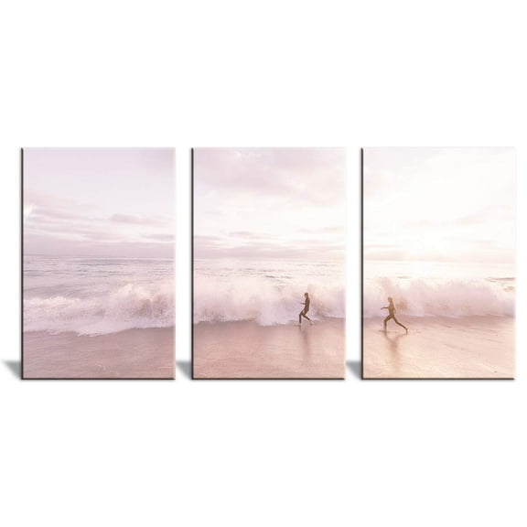 wall26 3 Piece Canvas Wall Art Running The Wave in Pink Sunset Glow Framed Ready to Hang - 24"x36" x 3 Panels