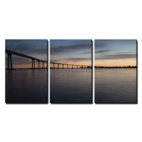 wall26 - 3 Piece Canvas Wall Art - San Diego?Coronado Bridge at Dusk - Modern Home Art Stretched and Framed Ready to Hang - 16"x24"x3 Panels