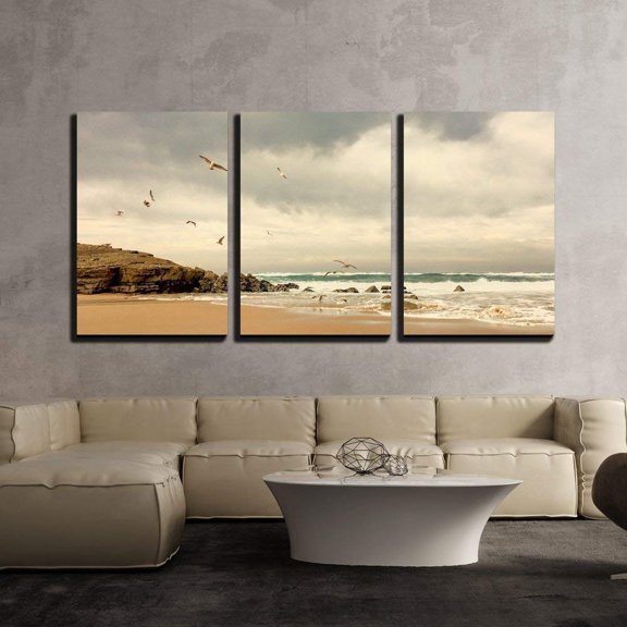 wall26 - 3 Piece Canvas Wall Art - Seagulls Fly on The Coast - Modern Home Art Stretched and Framed Ready to Hang - 16"x24"x3 Panels
