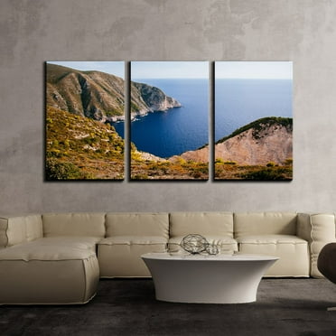 wall26 - 3 Piece Canvas Wall Art - Seashore Mountains and The Peaceful Blue Sea - Modern Home Art Stretched and Framed Ready to Hang - 16&quot;x24&quot;x3 Panels