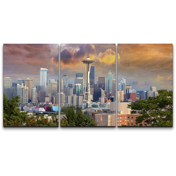 wall26 - 3 Piece Canvas Wall Art - Seattle Washington Cityscape Skyline with Stormy Sky - Modern Home Art Stretched and Framed Ready to Hang - 16"x24"x3 Panels