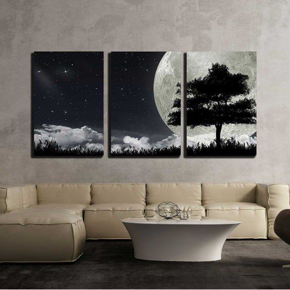 wall26 - 3 Piece Canvas Wall Art - Silhouette of a Tree Against The Big Moon and The Star Night Sky. - Modern Home Art Stretched and Framed Ready to Hang - 16"x24"x3 Panels