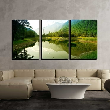 wall26 - 3 Piece Canvas Wall Art - Small Lake in The Switzerland Mountains - Modern Home Art Stretched and Framed Ready to Hang - 16&quot;x24&quot;x3 Panels