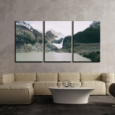 wall26 - 3 Piece Canvas Wall Art - Snow Covered Mountain and River - Modern Home Art Stretched and Framed Ready to Hang - 16&quot;x24&quot;x3 Panels