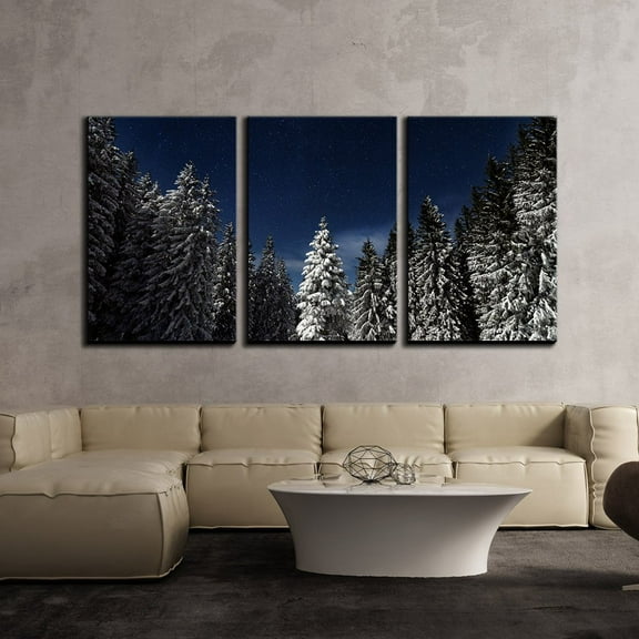 wall26 - 3 Piece Canvas Wall Art - Snow Covered Pine Tree Forest at Night - Modern Home Art Stretched and Framed Ready to Hang - 24"x36"x3 Panels