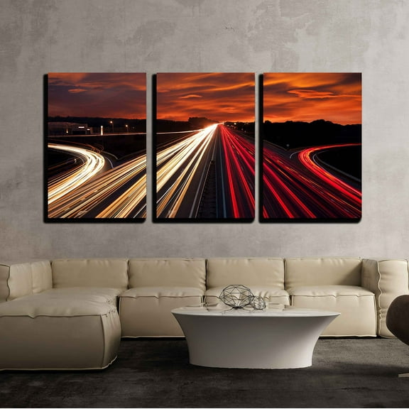 wall26 - 3 Piece Canvas Wall Art - Speed Traffic - Light Trails on Motorway Highway at Night - Modern Home Art Stretched and Framed Ready to Hang - 16"x24"x3 Panels