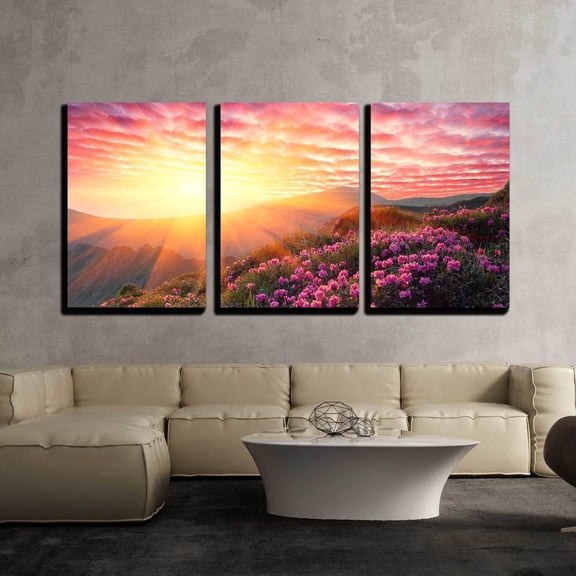wall26 - 3 Piece Canvas Wall Art - Spring Landscape in Mountains with Flower of a Rhododendron and The Sky with Cloud - Modern Home Art Stretched and Framed Ready to Hang - 16"x24"x3 Panels