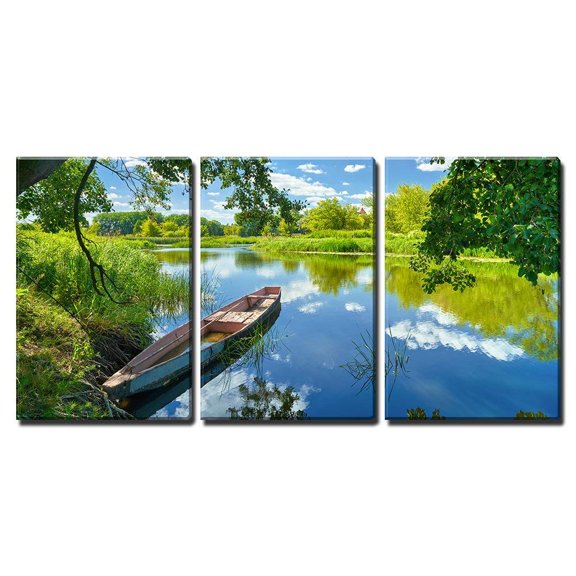 wall26 - 3 Piece Canvas Wall Art - Spring Summer Landscape Blue Sky Clouds Narew River Boat Green Trees - Modern Home Art Stretched and Framed Ready to Hang - 24"x36"x3 Panels