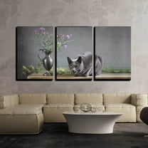 wall26 - 3 Piece Canvas Wall Art - Still-Life with Flowers and Russian Blue Cat - Modern Home Art Stretched and Framed Ready to Hang - 16"x24"x3 Panels