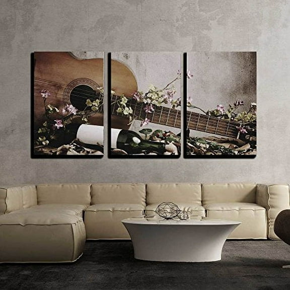 wall26 - 3 Piece Canvas Wall Art - Still Life Wine Bottle with Acoustic Guitar - Modern Home Art Stretched and Framed Ready to Hang - 16"x24"x3 Panels