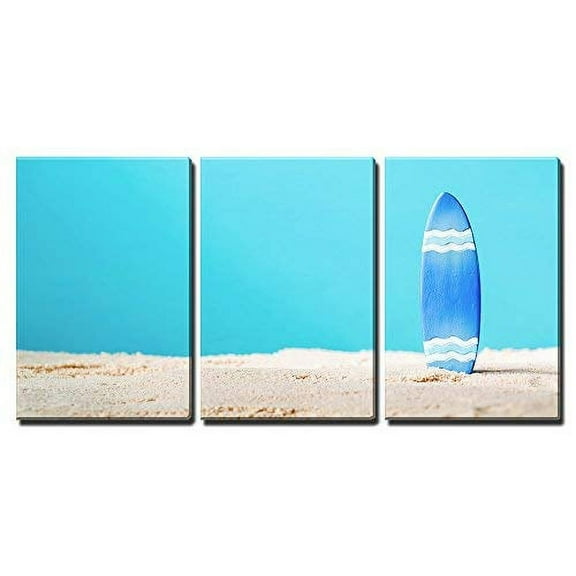 wall26 - 3 Piece Canvas Wall Art - Summer Theme with Surfboard on a Bright Blue Background - Modern Home Art Stretched and Framed Ready to Hang - 16"x24"x3 Panels