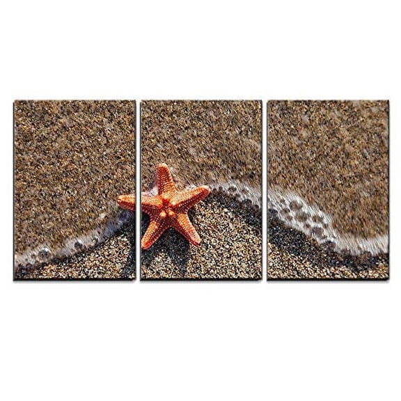 wall26 - 3 Piece Canvas Wall Art - Summer Vacations - Starfish in Water Waves on Sea Sand Beach - Modern Home Art Stretched and Framed Ready to Hang - 16"x24"x3 Panels