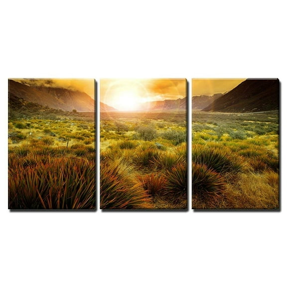 wall26 - 3 Piece Canvas Wall Art - Sun Rising Behind Grass Field in Open Country of New Zealand Scenery - Modern Home Art Stretched and Framed Ready to Hang - 16&quot;x24&quot;x3 Panels