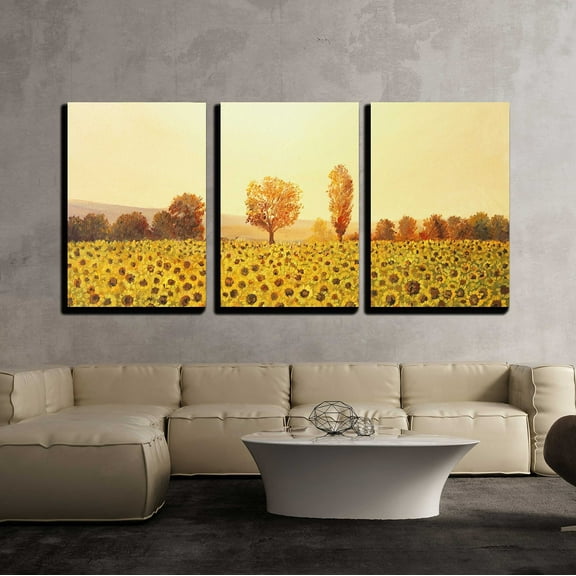wall26 - 3 Piece Canvas Wall Art - Sunflowers Field at Sunset, Painted on The Canvas by Me, Kiril Stanchev - Modern Home Art Stretched and Framed Ready to Hang - 16"x24"x3 Panels