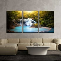 wall26 - 3 Piece Canvas Wall Art - Sunlight Through Tree Leaves Lights Beautiful Waterfall in Forest - Modern Home Art Stretched and Framed Ready to Hang - 16"x24"x3 Panels