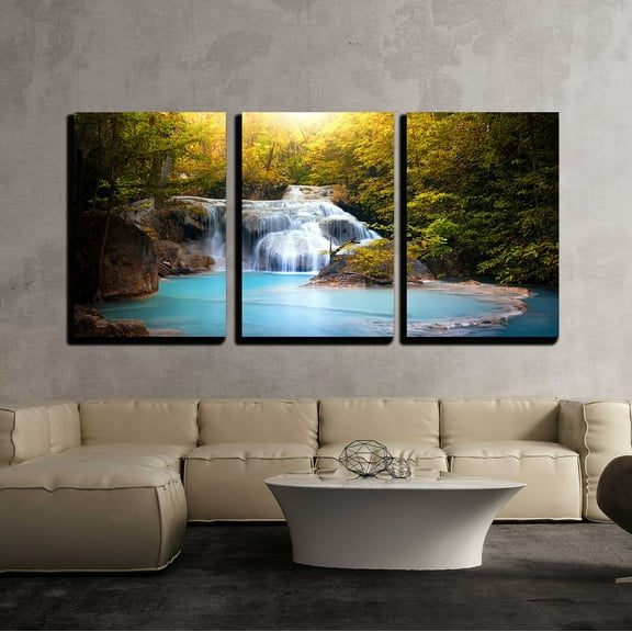 wall26 - 3 Piece Canvas Wall Art - Sunlight Through Tree Leaves Lights Beautiful Waterfall in Forest - Modern Home Art Stretched and Framed Ready to Hang - 16"x24"x3 Panels