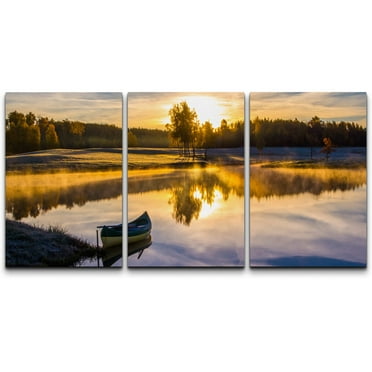wall26 - 3 Piece Canvas Wall Art - Sunrise Over The Lake with a Boat - Modern Home Art Stretched and Framed Ready to Hang - 24&quot;x36&quot;x3 Panels