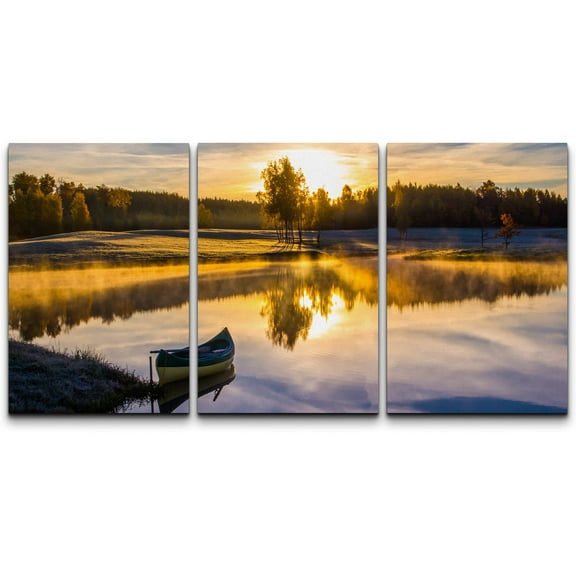 wall26 - 3 Piece Canvas Wall Art - Sunrise Over The Lake with a Boat - Modern Home Art Stretched and Framed Ready to Hang - 16"x24"x3 Panels
