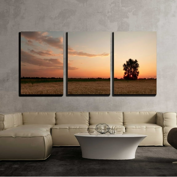 wall26 - 3 Piece Canvas Wall Art - Sunset with Moon and Clouds Sky in a Wheat Field with Lonely Tree - Modern Home Art Stretched and Framed Ready to Hang - 24"x36"x3 Panels