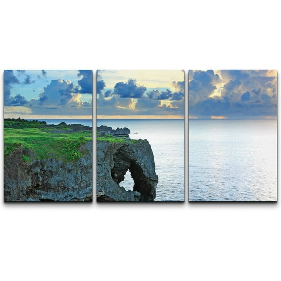 wall26 - 3 Piece Canvas Wall Art - Sunset with Rock, Okinawa, Manzamo - Modern Home Art Stretched and Framed Ready to Hang - 24"x36"x3 Panels
