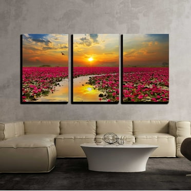 wall26 - 3 Piece Canvas Wall Art - Sunshine Rising Lotus Flower in Thailand - Modern Home Art Stretched and Framed Ready to Hang - 24&quot;x36&quot;x3 Panels
