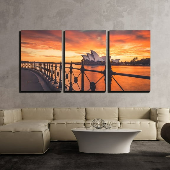wall26 - 3 Piece Canvas Wall Art - Sydney Opera House at Sunset Time - Modern Home Art Stretched and Framed Ready to Hang - 16"x24"x3 Panels
