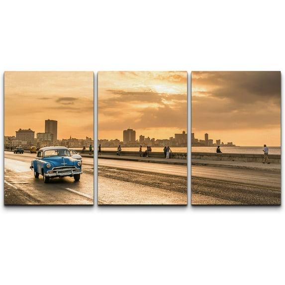 wall26 - 3 Piece Canvas Wall Art - The Sun Setting Over The City of Havana with a View of The Malecon Avenue - Modern Home Art Stretched and Framed Ready to Hang - 24"x36"x3 Panels