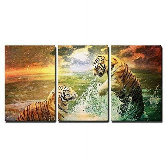 wall26 - 3 Piece Canvas Wall Art - Tiger and Tigress Playing in The Sea - Modern Home Art Stretched and Framed Ready to Hang - 24"x36"x3 Panels