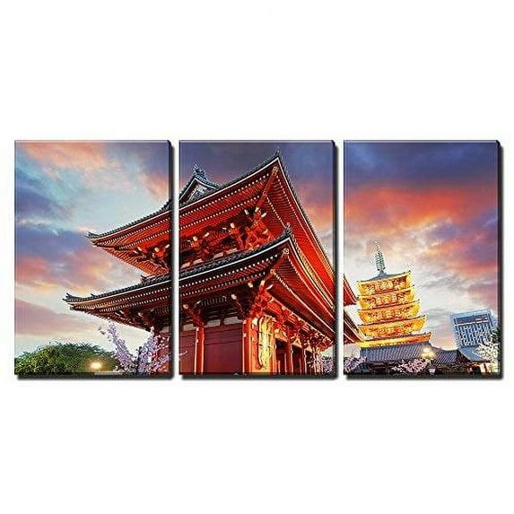 wall26 - 3 Piece Canvas Wall Art - Tokyo - Sensoji-Ji, Temple in Asakusa, Japan - Modern Home Art Stretched and Framed Ready to Hang - 24"x36"x3 Panels