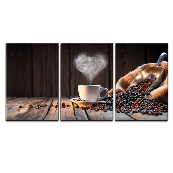 wall26 - 3 Piece Canvas Wall Art - Traditional Coffee Cup with Heart-Shaped Steam on Rustic Wood - Modern Home Art Stretched and Framed Ready to Hang - 24"x36"x3 Panels