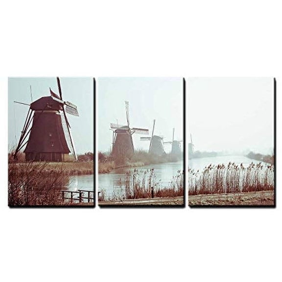 wall26 - 3 Piece Canvas Wall Art - Traditional Dutch Windmills in Winter at Kinderdijk, Netherlands - Modern Home Art Stretched and Framed Ready to Hang - 16"x24"x3 Panels