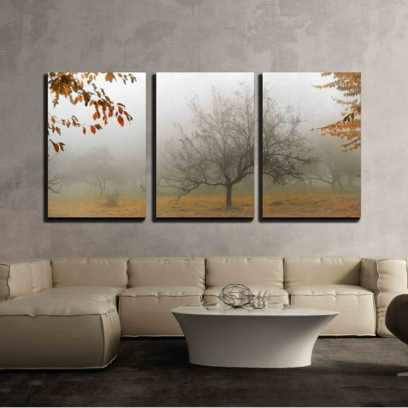 wall26 - 3 Piece Canvas Wall Art - Tree in a Fog.Apple Tree with Fallen Down Leaves - Modern Home Art Stretched and Framed Ready to Hang - 16"x24"x3 Panels