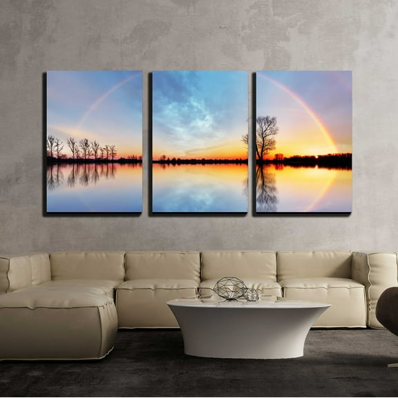 wall26 - 3 Piece Canvas Wall Art - Tree and Sun on Lake Sunrise - Modern Home Art Stretched and Framed Ready to Hang - 16"x24"x3 Panels