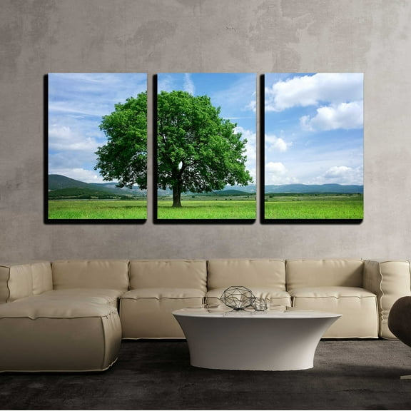 wall26 - 3 Piece Canvas Wall Art - Tree on Green Field - Modern Home Art Stretched and Framed Ready to Hang - 24"x36"x3 Panels