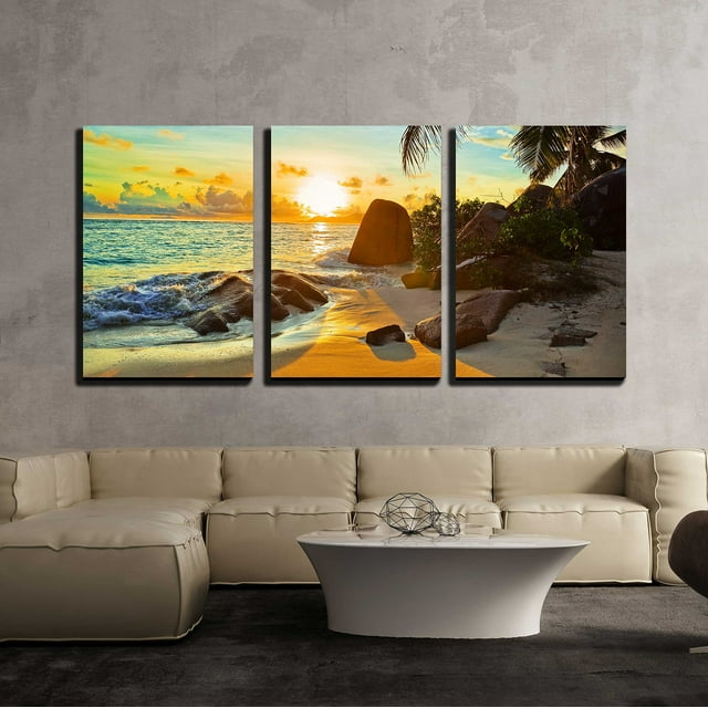 wall26 - 3 Piece Canvas Wall Art - Tropical Beach at Sunset - Nature Background - Modern Home Art Stretched and Framed Ready to Hang - 16&quot;x24&quot;x3 Panels