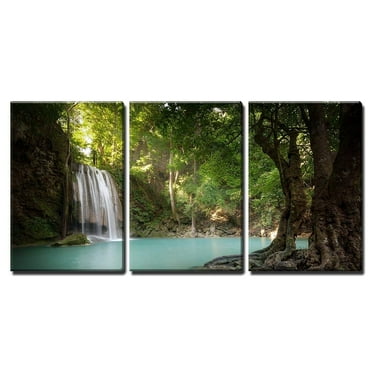 wall26 - 3 Piece Canvas Wall Art - Tropical Forest Waterfall Lake - Modern Home Art Stretched and Framed Ready to Hang - 16&quot;x24&quot;x3 Panels