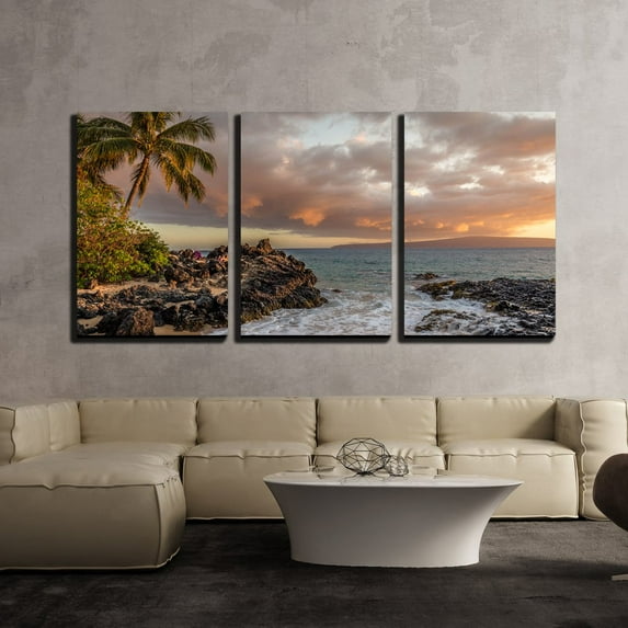 wall26 - 3 Piece Canvas Wall Art - Tropical Seascape with Palmtree and Clear Sea - Modern Home Art Stretched and Framed Ready to Hang - 24"x36"x3 Panels