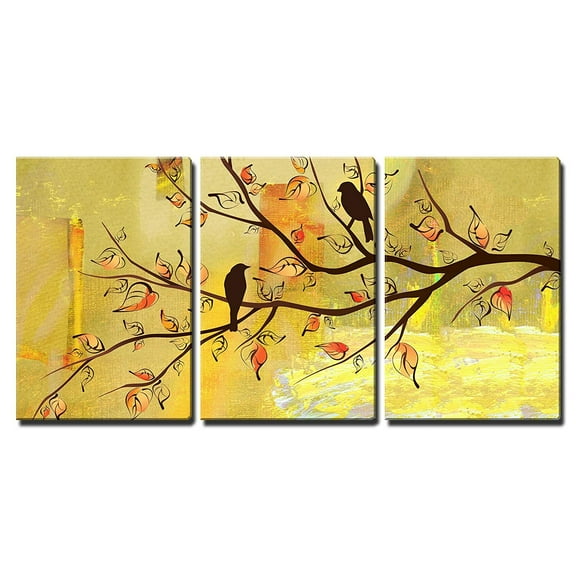 wall26 - 3 Piece Canvas Wall Art - Two Birds on Tree Branches on Vintage Yellow Background - Modern Home Art Stretched and Framed Ready to Hang - 24"x36"x3 Panels