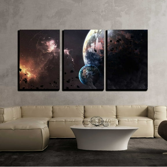 wall26 - 3 Piece Canvas Wall Art - Universe Scene with Planets, Stars and Galaxies in Outer Space - Modern Home Art Stretched and Framed Ready to Hang - 24"x36"x3 Panels