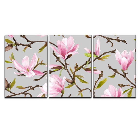 wall26 - 3 Piece Canvas Wall Art - Vector - Seamless Floral Pattern. Magnolia Flowers and Leaves Background. Exotic Flower - Modern Home Art Stretched and Framed Ready to Hang - 24"x36"x3 P